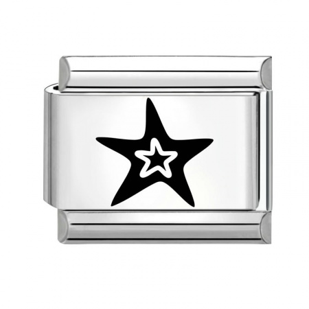 Picture of 1 Piece 304 Stainless Steel Italian Charm Links For DIY Bracelet Jewelry Making Silver Tone Black Rectangle Pentagram Star 10mm x 9mm