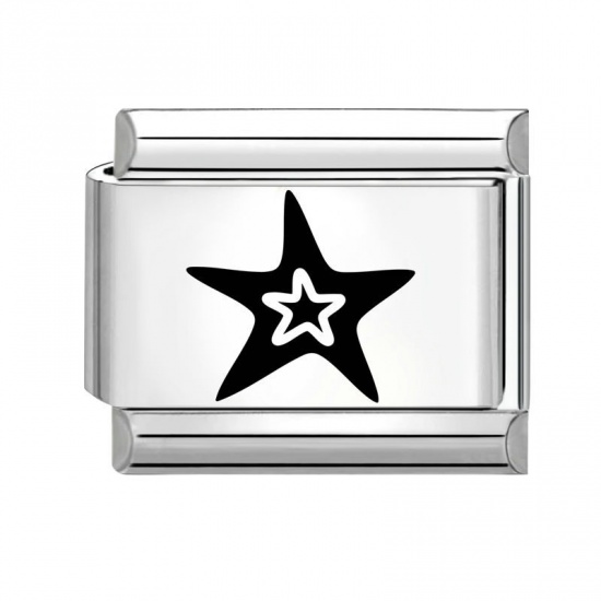 Picture of 1 Piece 304 Stainless Steel Italian Charm Links For DIY Bracelet Jewelry Making Silver Tone Black Rectangle Pentagram Star 10mm x 9mm