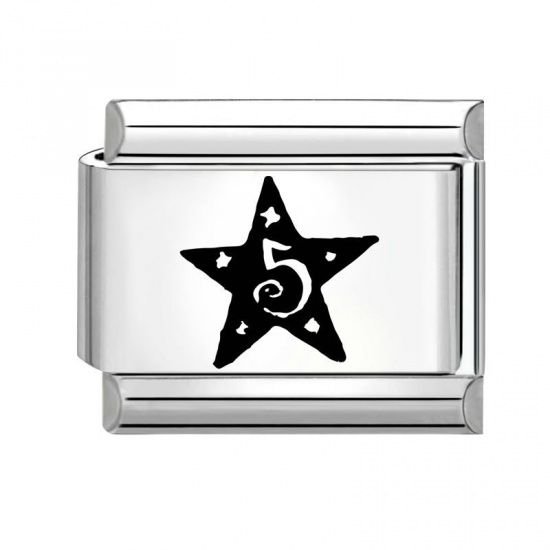 Picture of 1 Piece 304 Stainless Steel Italian Charm Links For DIY Bracelet Jewelry Making Silver Tone Black Rectangle Pentagram Star 10mm x 9mm
