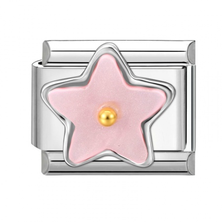 Picture of 1 Piece 304 Stainless Steel Italian Charm Links For DIY Modular Bracelet Watch Jewelry Making Wholesale Silver Tone Pink Rectangle Pentagram Star 10mm x 9mm
