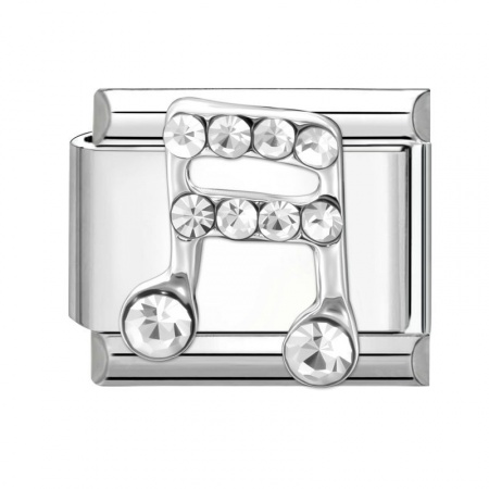 Picture of 1 Piece 304 Stainless Steel Italian Charm Links For DIY Modular Bracelet Watch Jewelry Making Wholesale Silver Tone Rectangle Musical Note Clear Rhinestone 10mm x 9mm