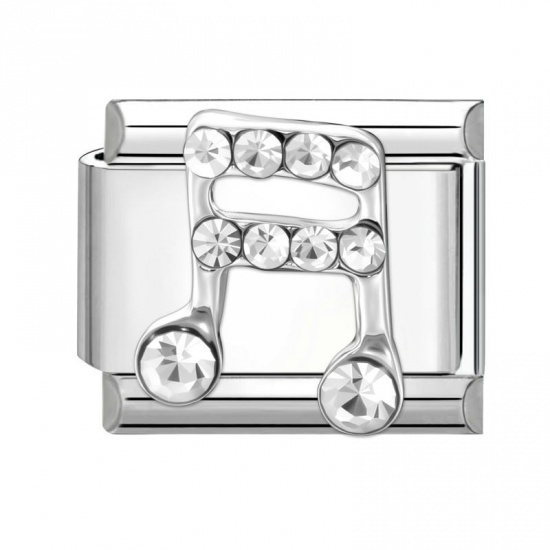 Picture of 1 Piece 304 Stainless Steel Italian Charm Links For DIY Modular Bracelet Watch Jewelry Making Wholesale Silver Tone Rectangle Musical Note Clear Rhinestone 10mm x 9mm