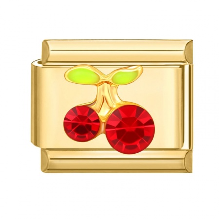 Picture of 1 Piece 304 Stainless Steel Italian Charm Links For DIY Modular Bracelet Watch Jewelry Making Wholesale Gold Plated Rectangle Cherry Fruit Red Rhinestone 10mm x 9mm