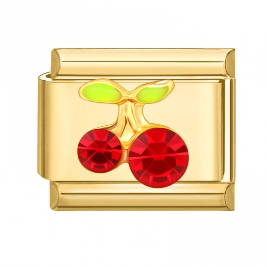 Picture of 1 Piece 304 Stainless Steel Italian Charm Links For DIY Modular Bracelet Watch Jewelry Making Wholesale Gold Plated Rectangle Cherry Fruit Red Rhinestone 10mm x 9mm