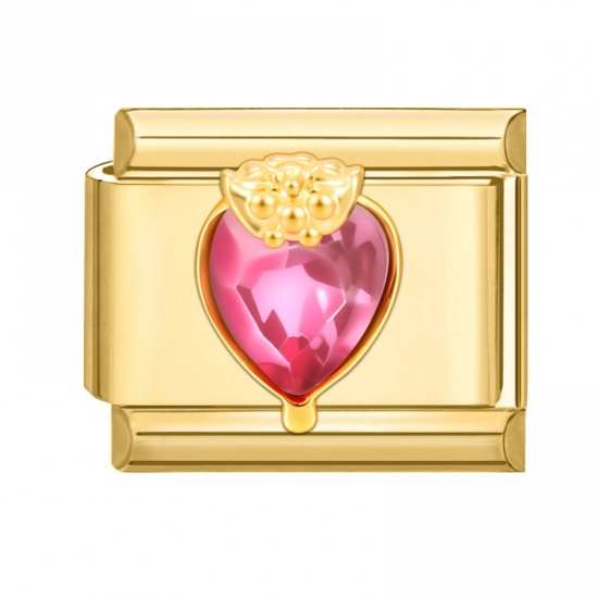 Picture of 1 Piece 304 Stainless Steel Valentine's Day Italian Charm Links For DIY Modular Bracelet Watch Jewelry Making Wholesale Gold Plated Fuchsia Rectangle Heart 10mm x 9mm