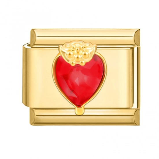 Picture of 1 Piece 304 Stainless Steel Valentine's Day Italian Charm Links For DIY Modular Bracelet Watch Jewelry Making Wholesale Gold Plated Red Rectangle Heart 10mm x 9mm