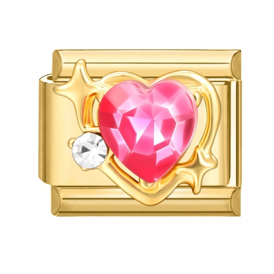 Picture of 1 Piece 304 Stainless Steel Valentine's Day Italian Charm Links For DIY Modular Bracelet Watch Jewelry Making Wholesale Gold Plated Fuchsia Rectangle Heart Clear Rhinestone 10mm x 9mm