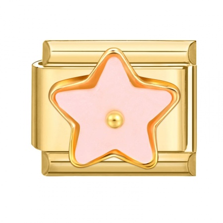 Picture of 1 Piece 304 Stainless Steel Italian Charm Links For DIY Modular Bracelet Watch Jewelry Making Wholesale Gold Plated Pink Rectangle Pentagram Star 10mm x 9mm