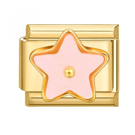 Picture of 1 Piece 304 Stainless Steel Italian Charm Links For DIY Modular Bracelet Watch Jewelry Making Wholesale Gold Plated Pink Rectangle Pentagram Star 10mm x 9mm