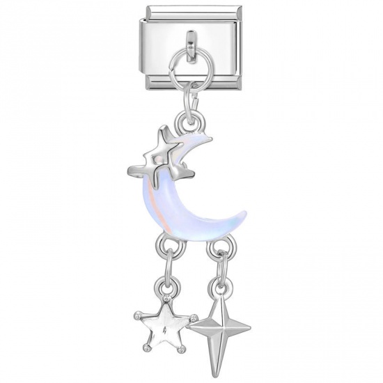 Picture of 1 Piece 304 Stainless Steel Italian Charm Links For DIY Bracelet Jewelry Making Wholesale Silver Tone Rectangle Moon 10mm x 9mm
