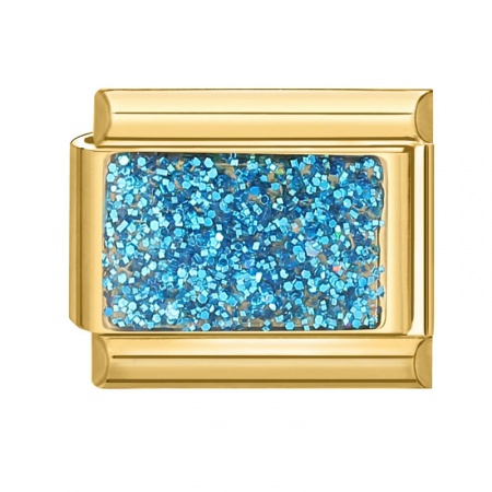 Picture of 1 Piece 304 Stainless Steel Italian Charm Links For DIY Bracelet Jewelry Making Gold Plated Blue Rectangle Glitter 10mm x 9mm