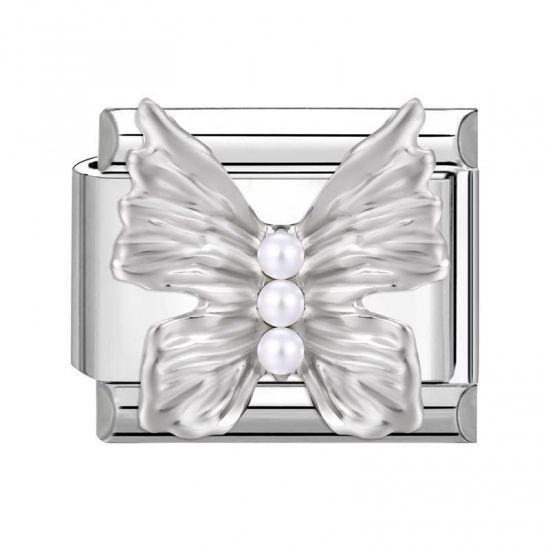 Picture of 1 Piece 304 Stainless Steel Italian Charm Links For DIY Modular Bracelet Watch Jewelry Making Wholesale Silver Tone Rectangle Butterfly 10mm x 9mm