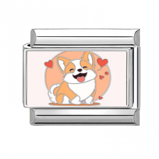 Picture of 1 Piece 304 Stainless Steel Valentine's Day Italian Charm Links For DIY Bracelet Jewelry Making Silver Tone Multicolor Rectangle Dog 10mm x 9mm