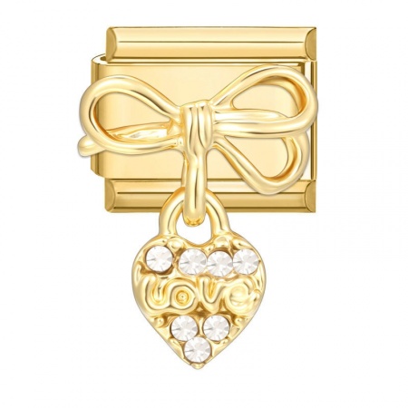 Picture of 1 Piece 304 Stainless Steel Valentine's Day Italian Charm Links For DIY Bracelet Jewelry Making Wholesale Gold Plated Rectangle Heart Clear Rhinestone 10mm x 9mm