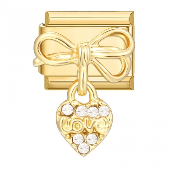Picture of 1 Piece 304 Stainless Steel Valentine's Day Italian Charm Links For DIY Bracelet Jewelry Making Wholesale Gold Plated Rectangle Heart Clear Rhinestone 10mm x 9mm