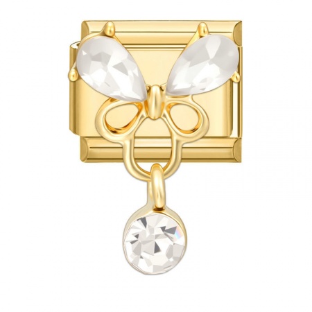 Picture of 1 Piece 304 Stainless Steel Italian Charm Links For DIY Bracelet Jewelry Making Wholesale Gold Plated Rectangle Butterfly Clear Rhinestone 10mm x 9mm