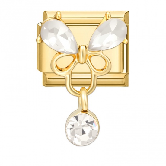 Picture of 1 Piece 304 Stainless Steel Italian Charm Links For DIY Bracelet Jewelry Making Wholesale Gold Plated Rectangle Butterfly Clear Rhinestone 10mm x 9mm