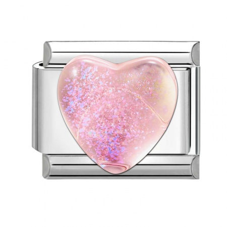 Picture of 1 Piece 304 Stainless Steel Valentine's Day Italian Charm Links For DIY Modular Bracelet Watch Jewelry Making Wholesale Silver Tone Pink Rectangle Heart 10mm x 9mm