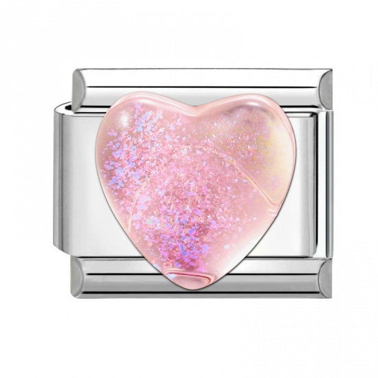 Picture of 1 Piece 304 Stainless Steel Valentine's Day Italian Charm Links For DIY Modular Bracelet Watch Jewelry Making Wholesale Silver Tone Pink Rectangle Heart 10mm x 9mm
