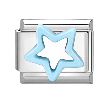 Picture of 1 Piece 304 Stainless Steel Italian Charm Links For DIY Modular Bracelet Watch Jewelry Making Wholesale Silver Tone Blue Rectangle Pentagram Star 10mm x 9mm