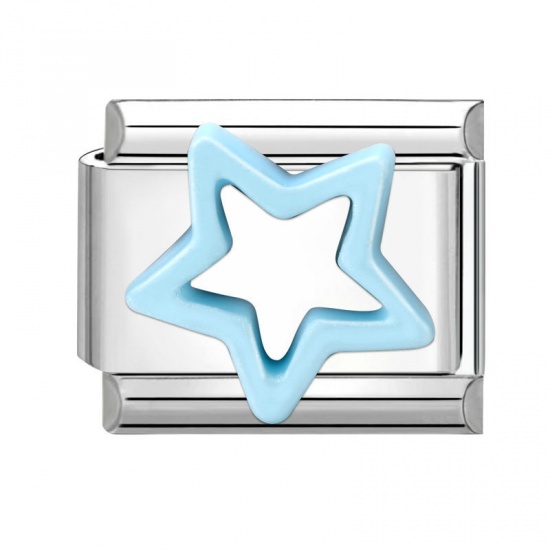 Picture of 1 Piece 304 Stainless Steel Italian Charm Links For DIY Modular Bracelet Watch Jewelry Making Wholesale Silver Tone Blue Rectangle Pentagram Star 10mm x 9mm