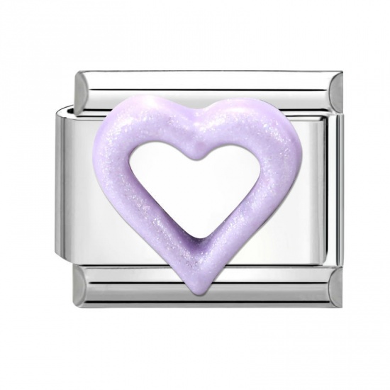 Picture of 1 Piece 304 Stainless Steel Valentine's Day Italian Charm Links For DIY Modular Bracelet Watch Jewelry Making Wholesale Silver Tone Purple Rectangle Heart 10mm x 9mm