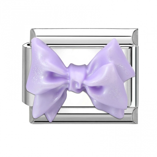 Picture of 1 Piece 304 Stainless Steel Italian Charm Links For DIY Modular Bracelet Watch Jewelry Making Wholesale Silver Tone Purple Rectangle Bowknot 10mm x 9mm