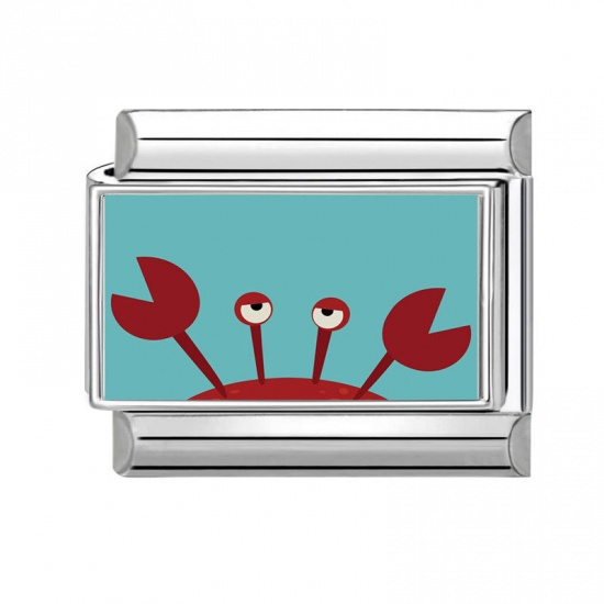 Picture of 1 Piece 304 Stainless Steel Italian Charm Links For DIY Bracelet Jewelry Making Silver Tone Red Rectangle Crab 10mm x 9mm