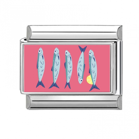 Picture of 1 Piece 304 Stainless Steel Italian Charm Links For DIY Bracelet Jewelry Making Silver Tone Multicolor Rectangle Fish 10mm x 9mm