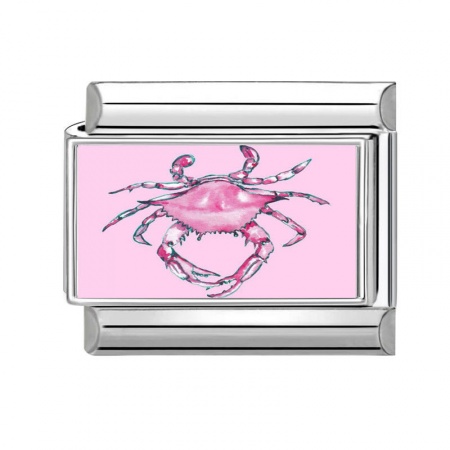 Picture of 1 Piece 304 Stainless Steel Italian Charm Links For DIY Bracelet Jewelry Making Silver Tone Pink Rectangle Crab 10mm x 9mm