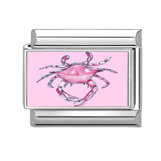 Picture of 1 Piece 304 Stainless Steel Italian Charm Links For DIY Bracelet Jewelry Making Silver Tone Pink Rectangle Crab 10mm x 9mm
