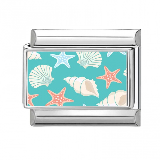Picture of 1 Piece 304 Stainless Steel Italian Charm Links For DIY Bracelet Jewelry Making Silver Tone Multicolor Rectangle Marine Animal 10mm x 9mm