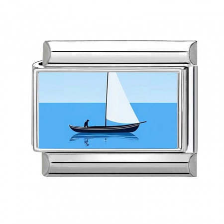 Picture of 1 Piece 304 Stainless Steel Italian Charm Links For DIY Bracelet Jewelry Making Silver Tone Blue Rectangle Boat 10mm x 9mm
