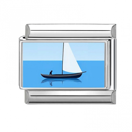 Picture of 1 Piece 304 Stainless Steel Italian Charm Links For DIY Bracelet Jewelry Making Silver Tone Blue Rectangle Boat 10mm x 9mm