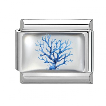 Picture of 1 Piece 304 Stainless Steel Italian Charm Links For DIY Bracelet Jewelry Making Silver Tone Blue Rectangle Tree 10mm x 9mm