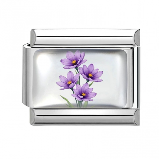 Picture of 1 Piece 304 Stainless Steel Italian Charm Links For DIY Bracelet Jewelry Making Silver Tone Purple Rectangle Flower 10mm x 9mm