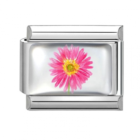 Picture of 1 Piece 304 Stainless Steel Italian Charm Links For DIY Bracelet Jewelry Making Silver Tone Fuchsia Rectangle Flower 10mm x 9mm
