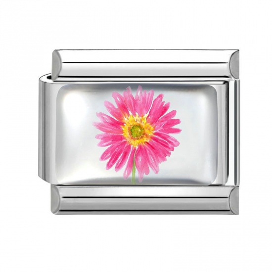 Picture of 1 Piece 304 Stainless Steel Italian Charm Links For DIY Bracelet Jewelry Making Silver Tone Fuchsia Rectangle Flower 10mm x 9mm