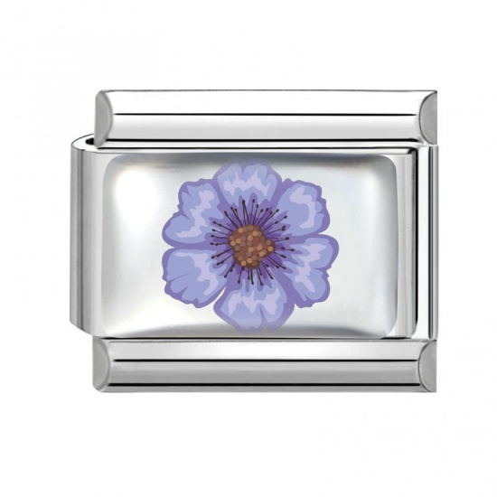 Picture of 1 Piece 304 Stainless Steel Italian Charm Links For DIY Bracelet Jewelry Making Silver Tone Purple Rectangle Flower 10mm x 9mm