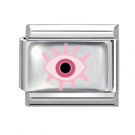Picture of 1 Piece 304 Stainless Steel Italian Charm Links For DIY Bracelet Jewelry Making Silver Tone Pink Rectangle Eye 10mm x 9mm