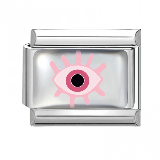 Picture of 1 Piece 304 Stainless Steel Italian Charm Links For DIY Bracelet Jewelry Making Silver Tone Pink Rectangle Eye 10mm x 9mm