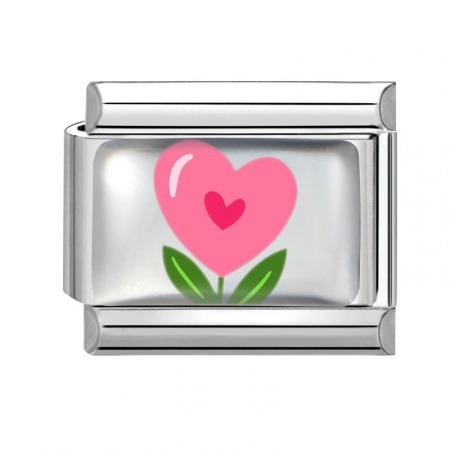 Picture of 1 Piece 304 Stainless Steel Valentine's Day Italian Charm Links For DIY Bracelet Jewelry Making Silver Tone Pink Rectangle Flower 10mm x 9mm