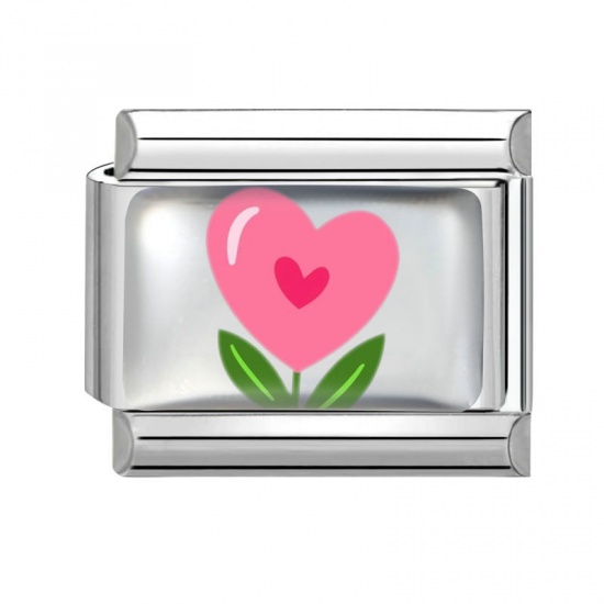 Picture of 1 Piece 304 Stainless Steel Valentine's Day Italian Charm Links For DIY Bracelet Jewelry Making Silver Tone Pink Rectangle Flower 10mm x 9mm