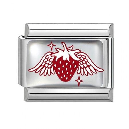 Picture of 1 Piece 304 Stainless Steel Italian Charm Links For DIY Bracelet Jewelry Making Silver Tone Red Rectangle Cherry Fruit 10mm x 9mm