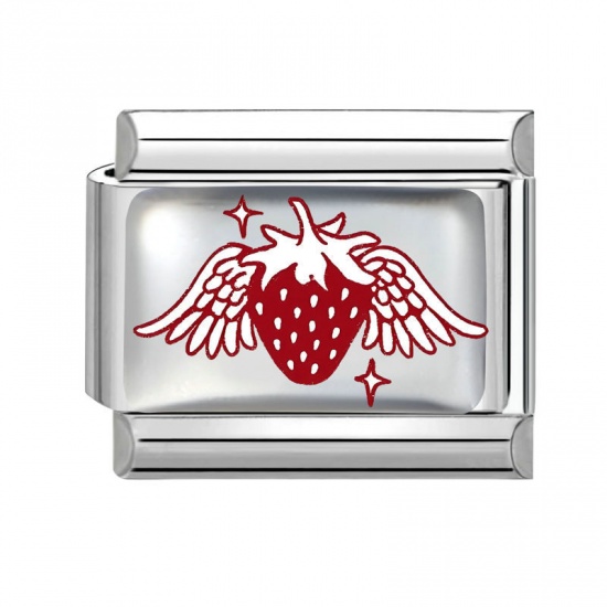 Picture of 1 Piece 304 Stainless Steel Italian Charm Links For DIY Bracelet Jewelry Making Silver Tone Red Rectangle Cherry Fruit 10mm x 9mm