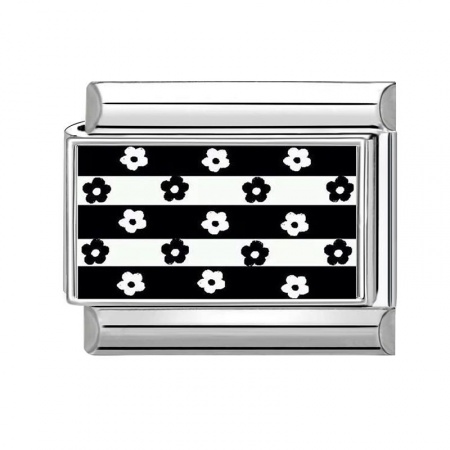 Picture of 1 Piece 304 Stainless Steel Italian Charm Links For DIY Bracelet Jewelry Making Silver Tone Black & White Rectangle Flower 10mm x 9mm