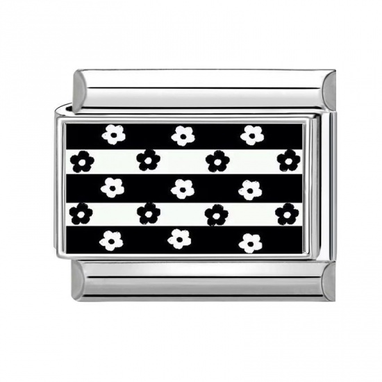 Picture of 1 Piece 304 Stainless Steel Italian Charm Links For DIY Bracelet Jewelry Making Silver Tone Black & White Rectangle Flower 10mm x 9mm