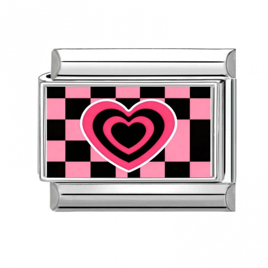 Picture of 1 Piece 304 Stainless Steel Valentine's Day Italian Charm Links For DIY Bracelet Jewelry Making Silver Tone Pink Rectangle Heart 10mm x 9mm