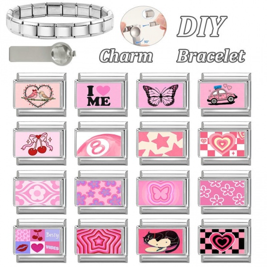 Picture of 1 Piece 304 Stainless Steel Valentine's Day Italian Charm Links For DIY Bracelet Jewelry Making Silver Tone Pink Rectangle Heart 10mm x 9mm