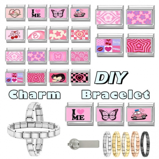 Picture of 1 Piece 304 Stainless Steel Valentine's Day Italian Charm Links For DIY Bracelet Jewelry Making Silver Tone Pink Rectangle Heart 10mm x 9mm